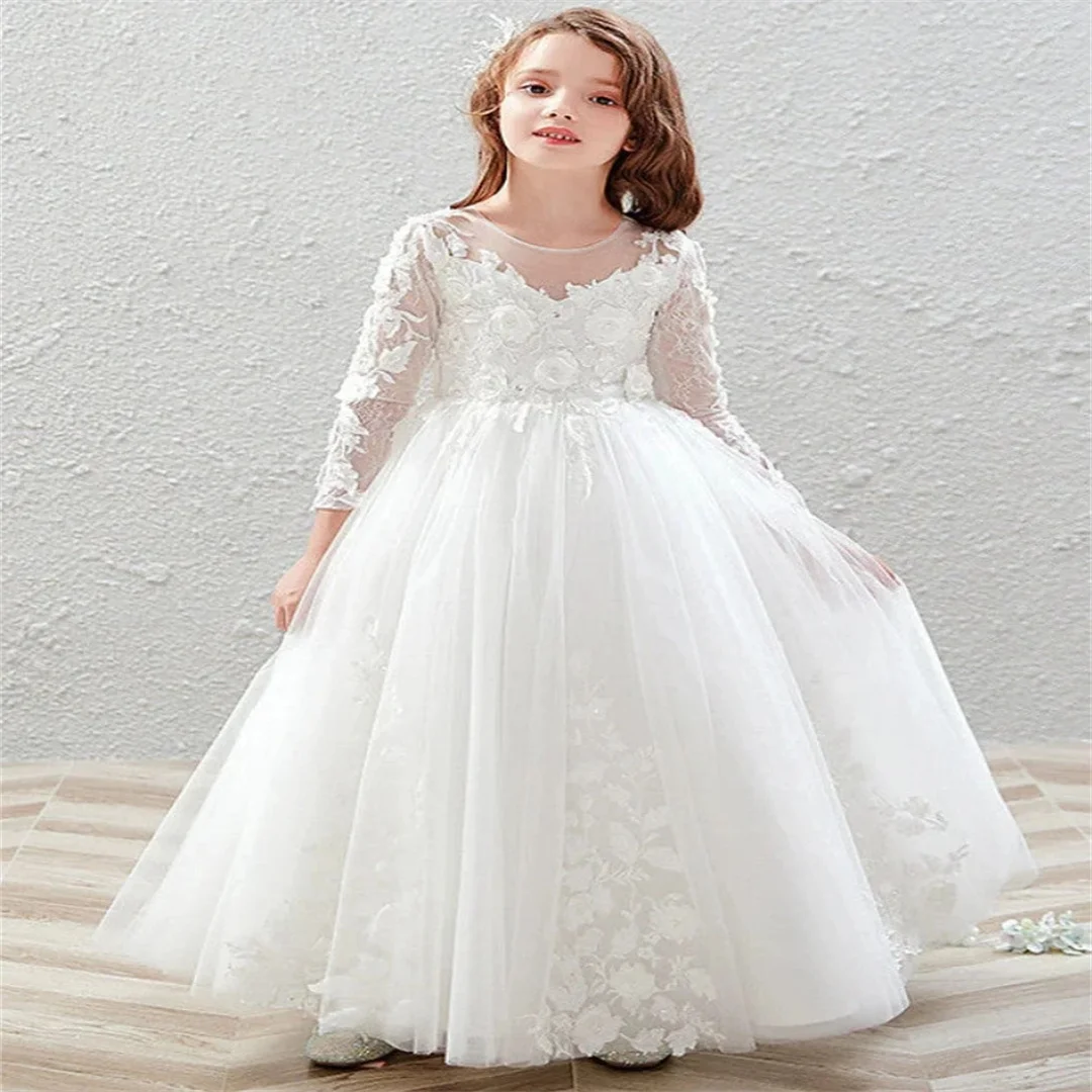 2025 White Flower Girl Dress Tulle Flowers Appliques Long Sleeve For Wedding Birthday Party First Communion Gowns