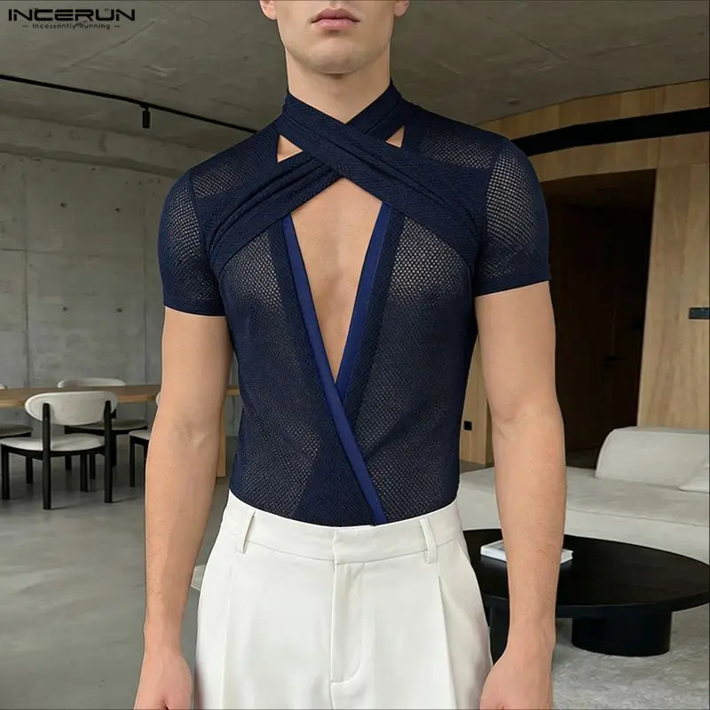 INCERUN Men's Bodysuits Solid Color Short Sleeve Mesh Hollow Out Romper For Man Playsuits See Through Sexy 2026 Fashion Bodysuit image 4