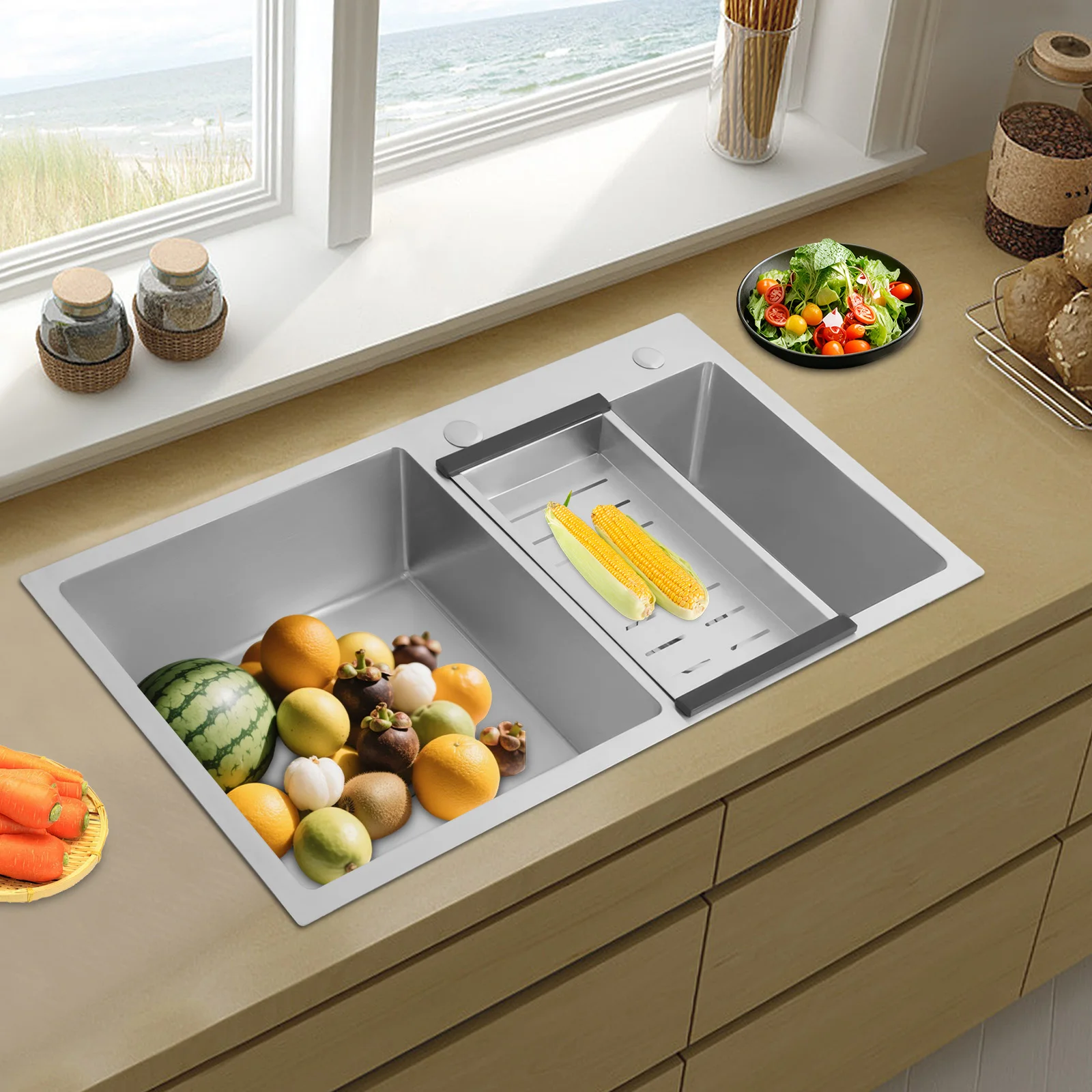 

Stainless Steel Double Bowl Kitchen Sink with Drain Basket, Modern Silver Rectangle 2 Basin Sink 14.72x14.96in & 12.99x12.99in