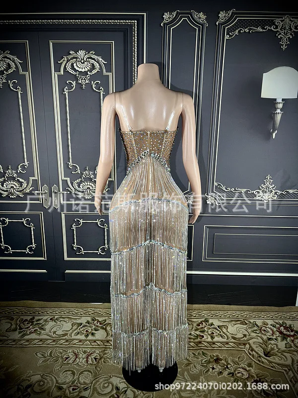 Kostuum Bloem Streep Gouden Kwastje Mouwloze Lange Panty Jurk - Sexy Voor Catwalk Gastheer Zanger & Model Body Transparente Flecos