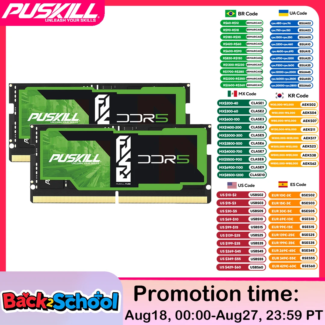 

ОЗУ PUSKILL DDR5 для ноутбука, 32 ГБ, 16 ГБ, 8 ГБ, 1,1 В, 262-Pin, 5600 МГц, 5200 МГц, 4800 МГц, CL46, CL42, CL40