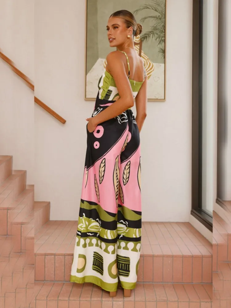 Nice Summer New Women Print Spaghetti Strap Jumpsuits Sexy Hollow Out Leace-up High Waist Wide Legs Bohemian Elegant Jumpsuit