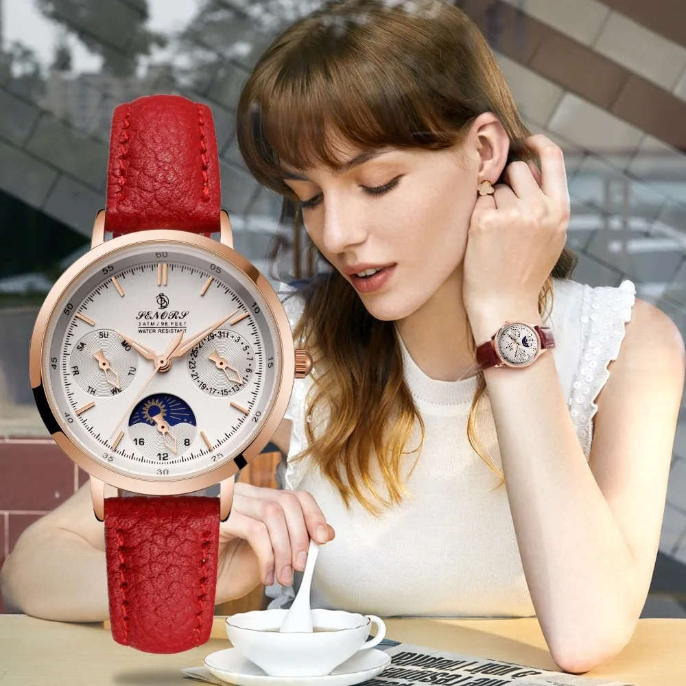 Multi functional top-level women's quartz watches leather strap waterproof fashionable exquisite high-end quartz watch for women