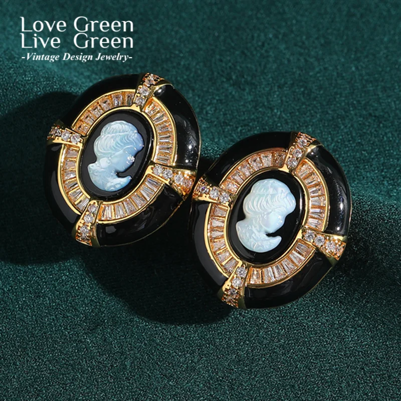

Vintage Black Cameo Earrings For Woman Stud Gold Color Jewelry Enamel Cubic Zirconia Luxury Quality Designed Gifts Accessories