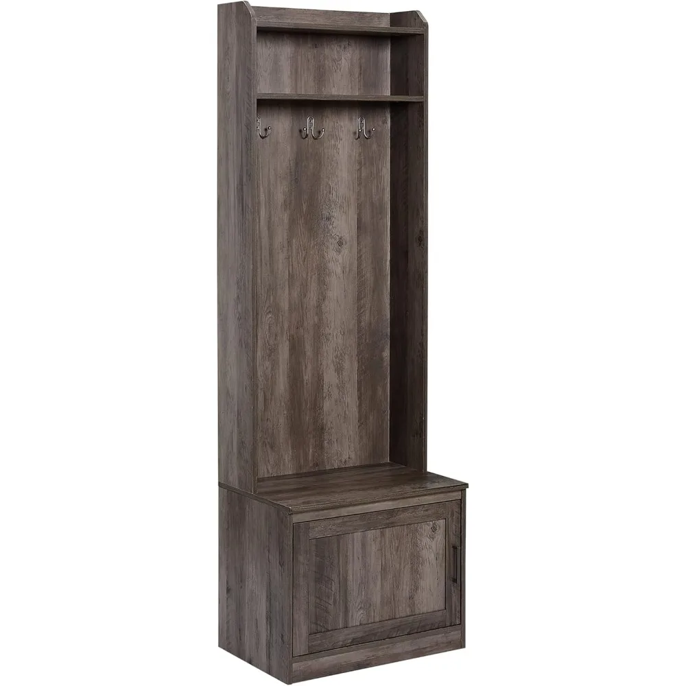 

Narrow Hall Tree with Shoe Storage Bench, Rustic Entryway Bench with Coat Rack, Accent Coat Tree with Storage Shelves