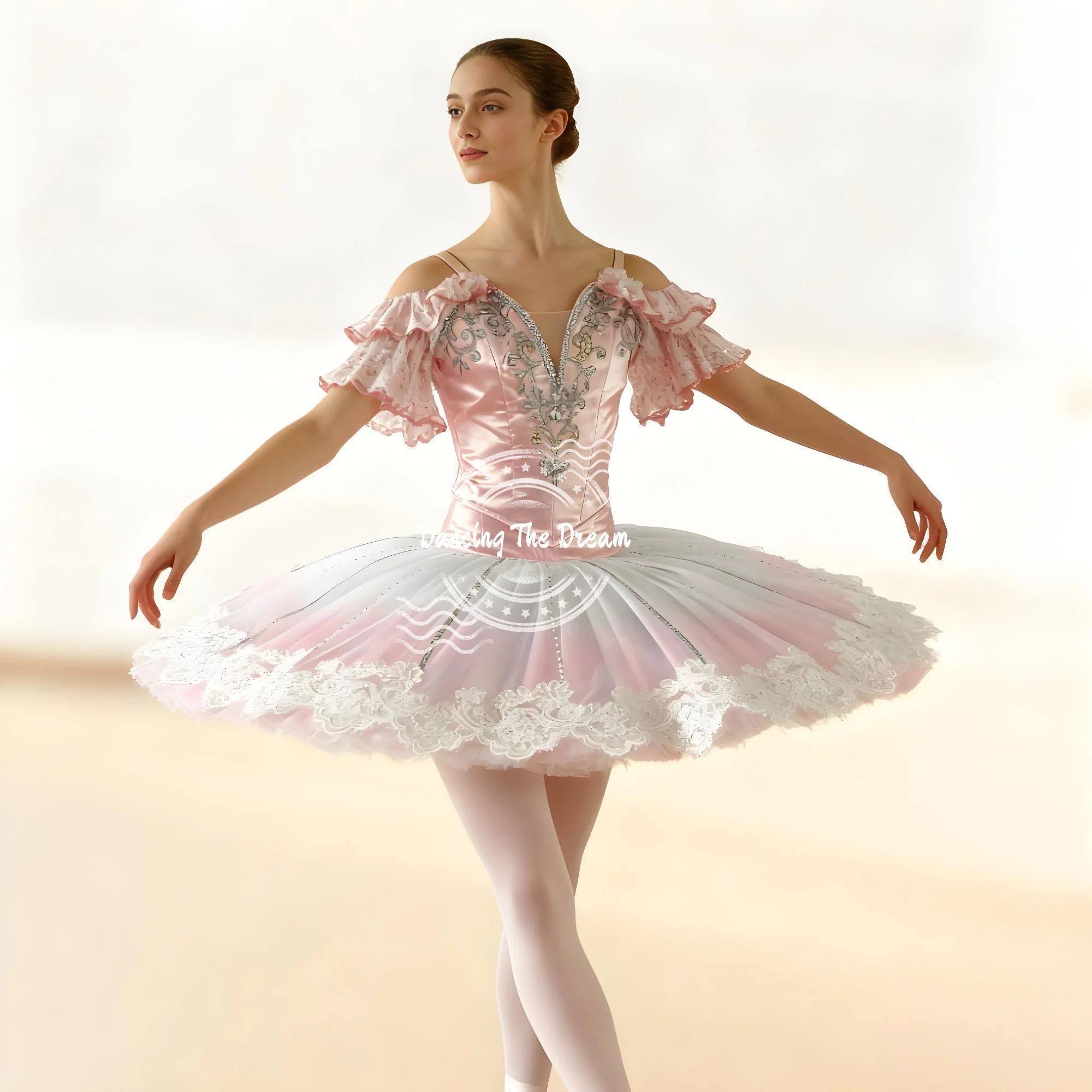 

Women's Pink Gradient Ballet Tutu Dress Lace Ruffled Performance Costume