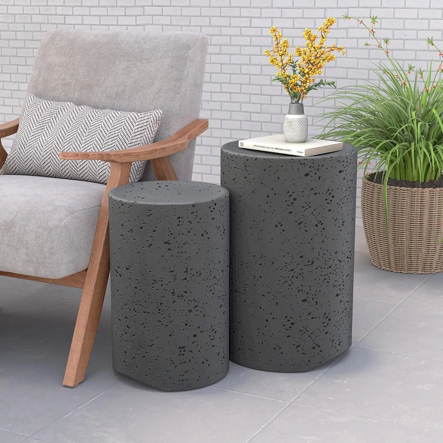 Indoor/Outdoor Concrete Dark Grey Round Side Tables Set of 2, Decorative and Nesting