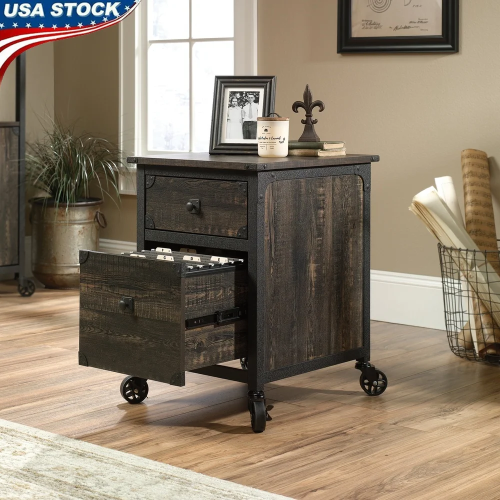 

Mobile File Cabinet with 2 Drawers Rolling Storage Office Organization Carbon Oak Finish Textured Metal Frame Indoor Use