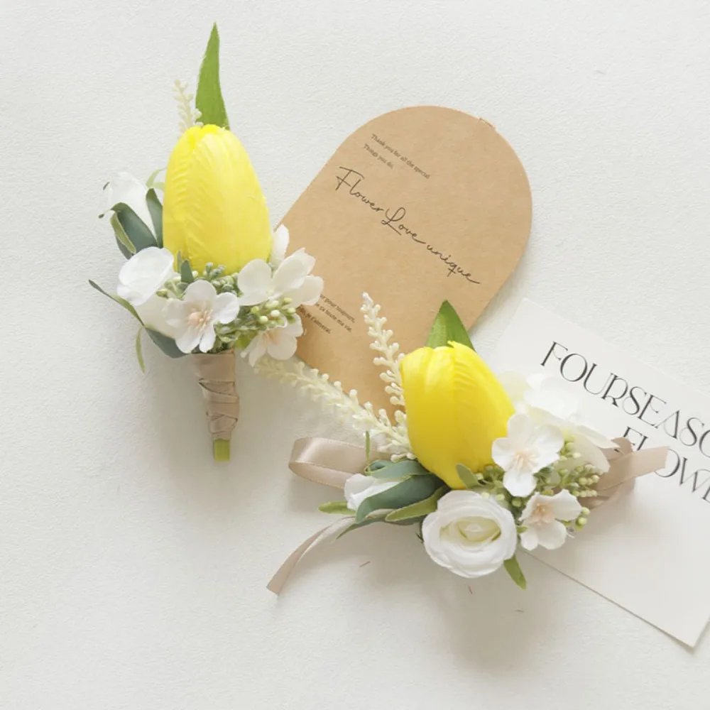 Tulip Corsage Flower Boutonniere for Men Groom Burgundy Party Artificial Flower Wedding Flower Bracelets Wedding Decoration