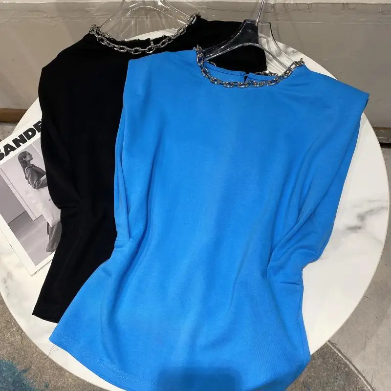   سلسلة معدنية ort Sve تي شيرت نسائي Sle oulder Pad Caixue صيف جديد وصول Faionable جولة Ne الأعلى