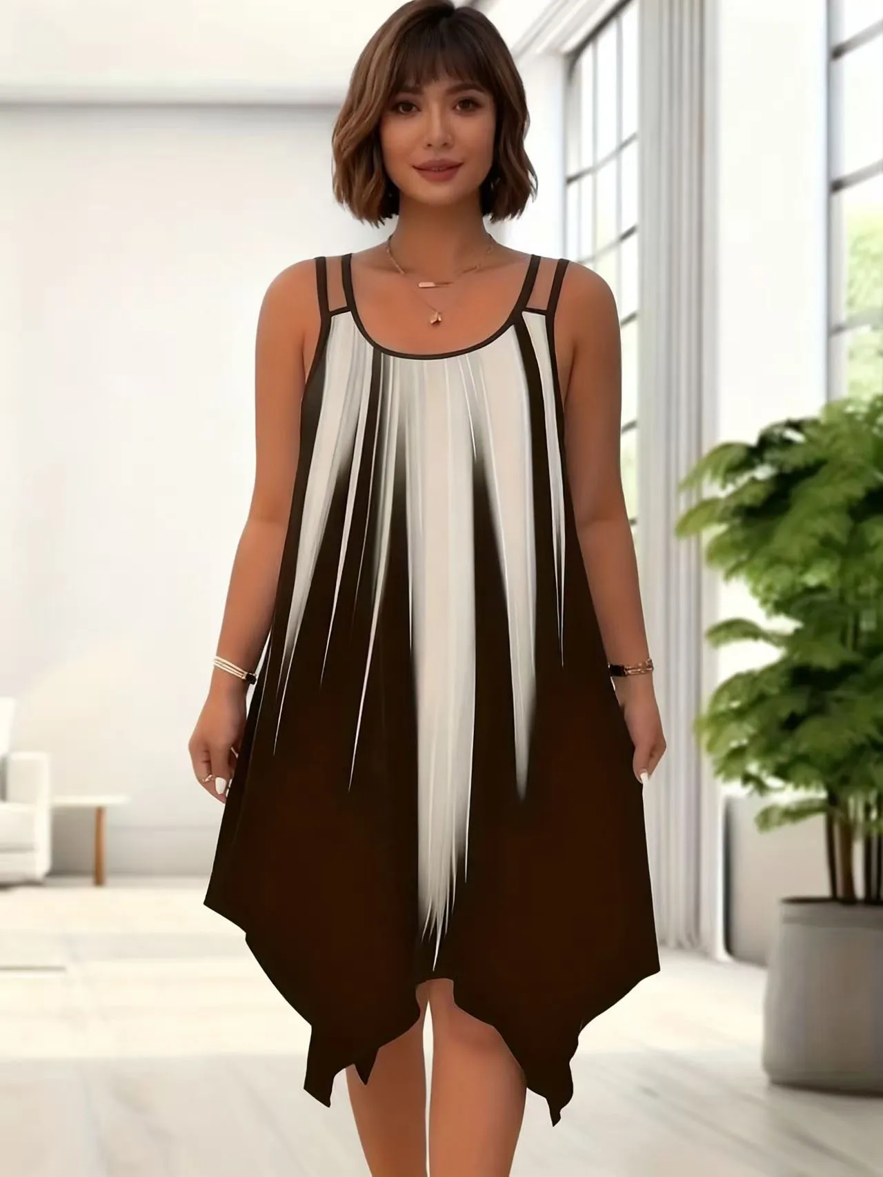 Plus Size Elegant Gradient Print Dress - Sleeveless, Double Spaghetti Straps, Round Neck, Elastic Polyester Blend, Machine Washable, Spaghetti Strap Slip Dress, Plus Size Clothing