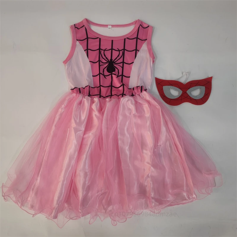 Summer Pink Cosplay Spider Man Girls' Dress+Mask Children's Sleeveless Yarn Skirt Mesh Spider Skirt Princess Skirt