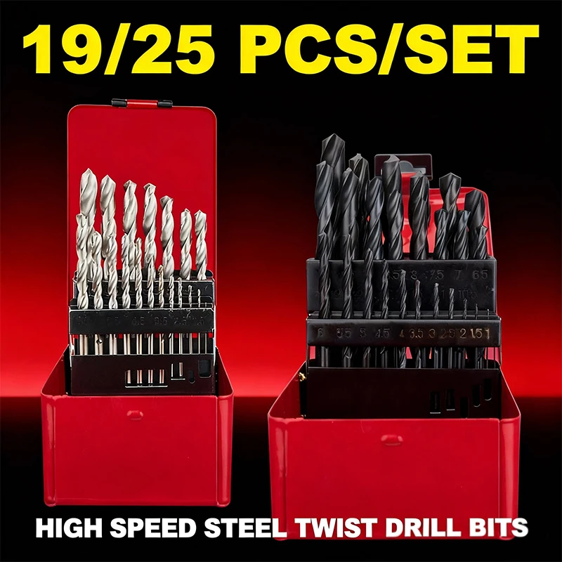 19 個の HSS ツイストドリルビットセット/25 個の HCS ツイストドリルビットセット鉄銅アルミニウム木材プラスチック金属穴 1-10 ミリメートル/1-13 ミリメートル