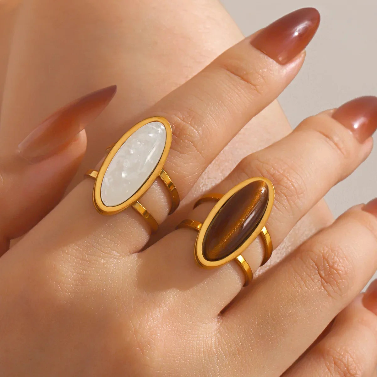 Retro Oval Tiger Eye Stone Double Ring Ring Gold-plated Edge Natural Gemstone Double Layer Ring Women's Daily Jewelry Gift