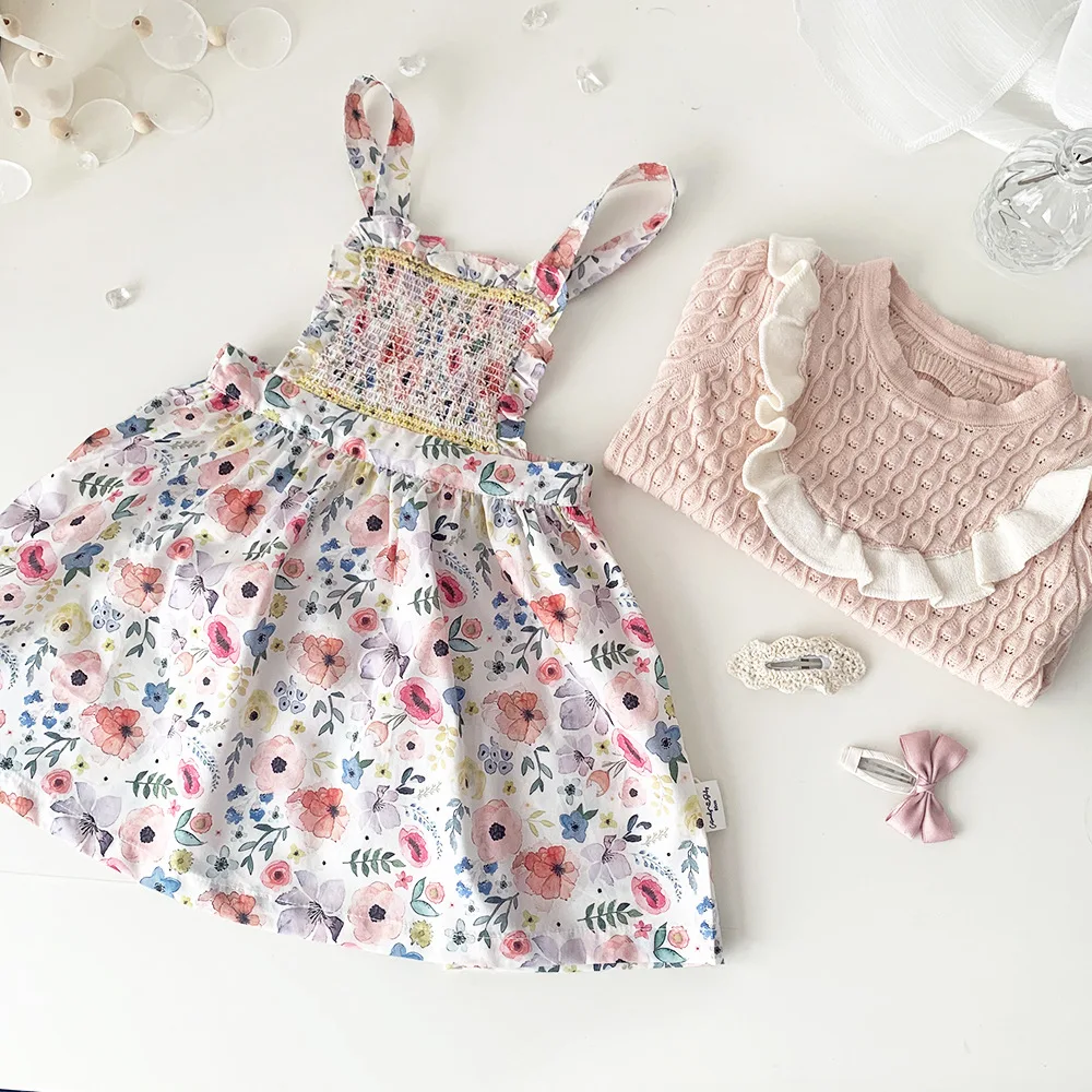 

1-5Y Baby Girl Spring Summer Floral Printed Vintage Princess Dress Party Causal Ruffles Smocked Sleeveless Sling Dresses