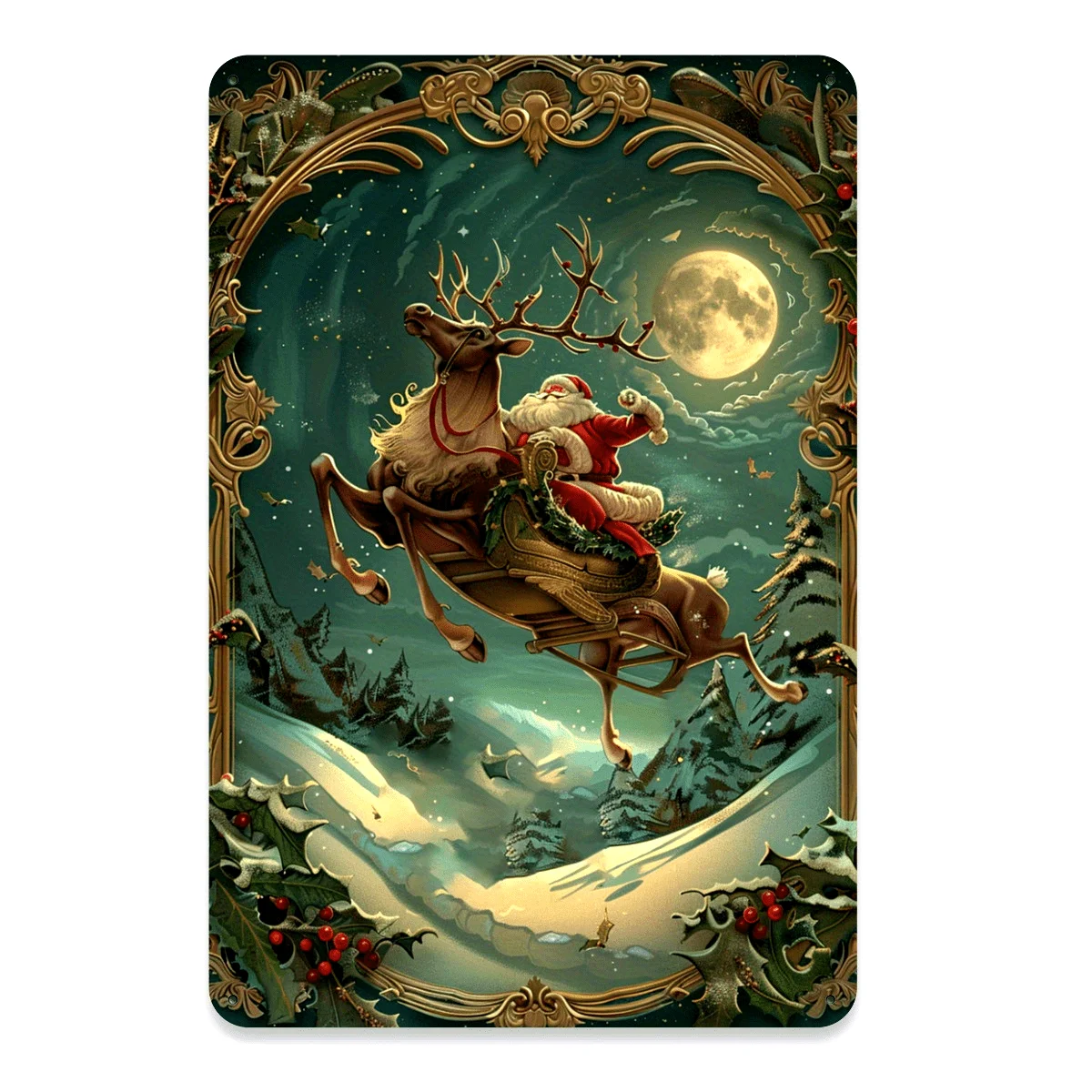 Arte de pared de metal vintage de Papá Noel y Reno - Letrero de hierro de 20,32 x 30,48 cm con escena nocturna iluminada en la luna, perfecto para el hogar, restaurante,