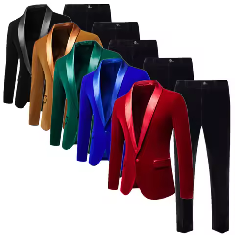 Fashion Men's Wedding Banquet Blue Velvet Suits Red / Black / Green, Singer Host Stage Performance &zwnj;Tuxedo&zwnj; Blazers and Pants