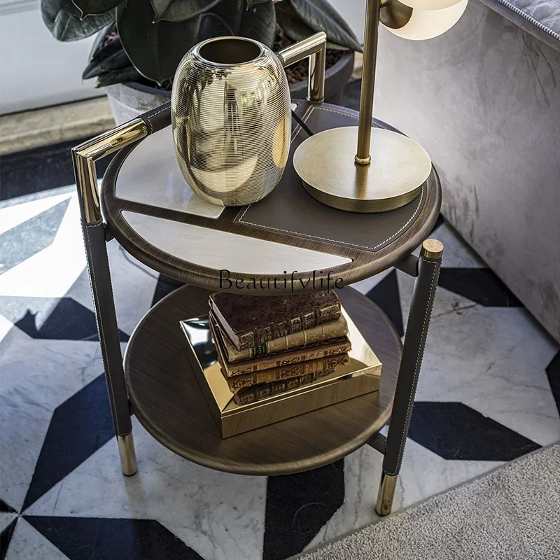 

ld14 Italian Minimalist Stainless Steel and Solid Wood Double-Layer Light Luxury Saddle Leather Side Table