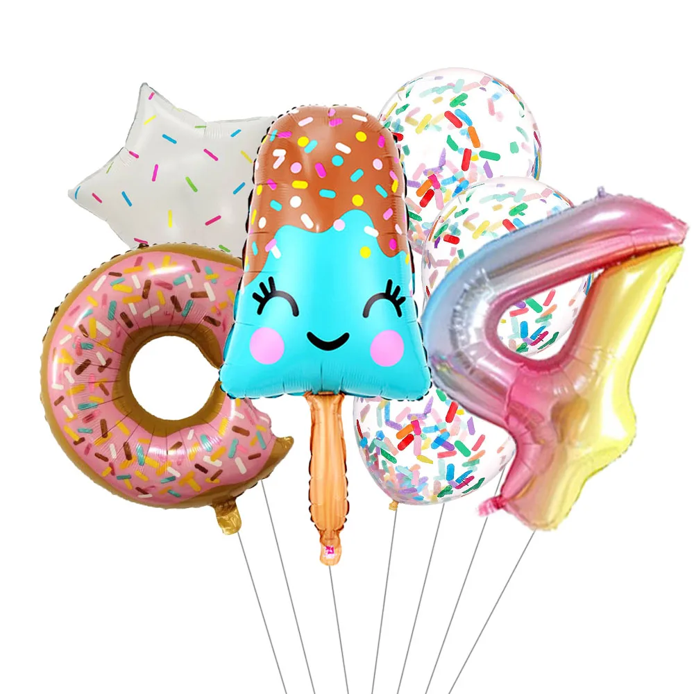 Balões de folha de sorvete com confete colorido, Donut Candy, Kids Birthday Party Decor, Baby Shower, 1 ano, 2 anos, 3 anos, 4 anos, 5 anos, 6 anos,