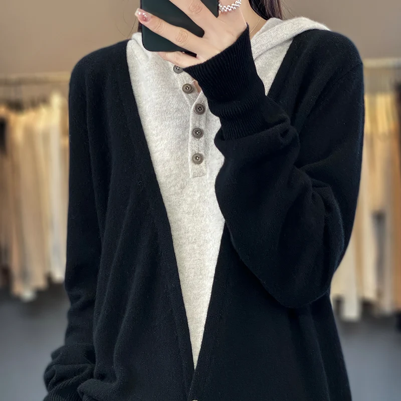 Autumn Winter Women 100% Fine Wool Sweater New Hooded Color Matching Fake Two Pieces Pullover Casual Knitted Bottoming Tops