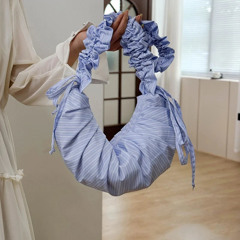 Gestreifte Plissee-Umhängetasche mit Kordelzug, koreanische weiche lässige Dumpling-Cloud-Tasche, Damen-Handtasche mit großer Kapazität und geringem Gewicht – Detail 2