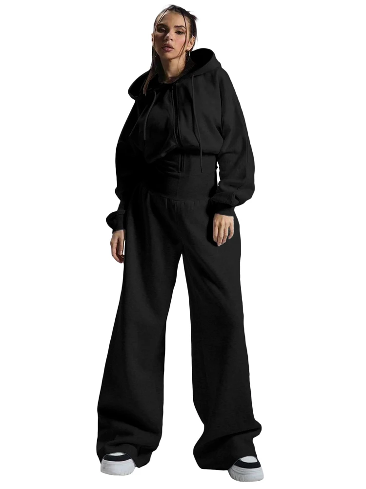 JENYAGE Damen Trendiger, weicher, dehnbarer, mit Fleece gefütterter, einfarbiger, langärmliger, kurzer Overall mit weitem Bein und Kapuze, Kordelzug, lässige Loungewear – Detail 8