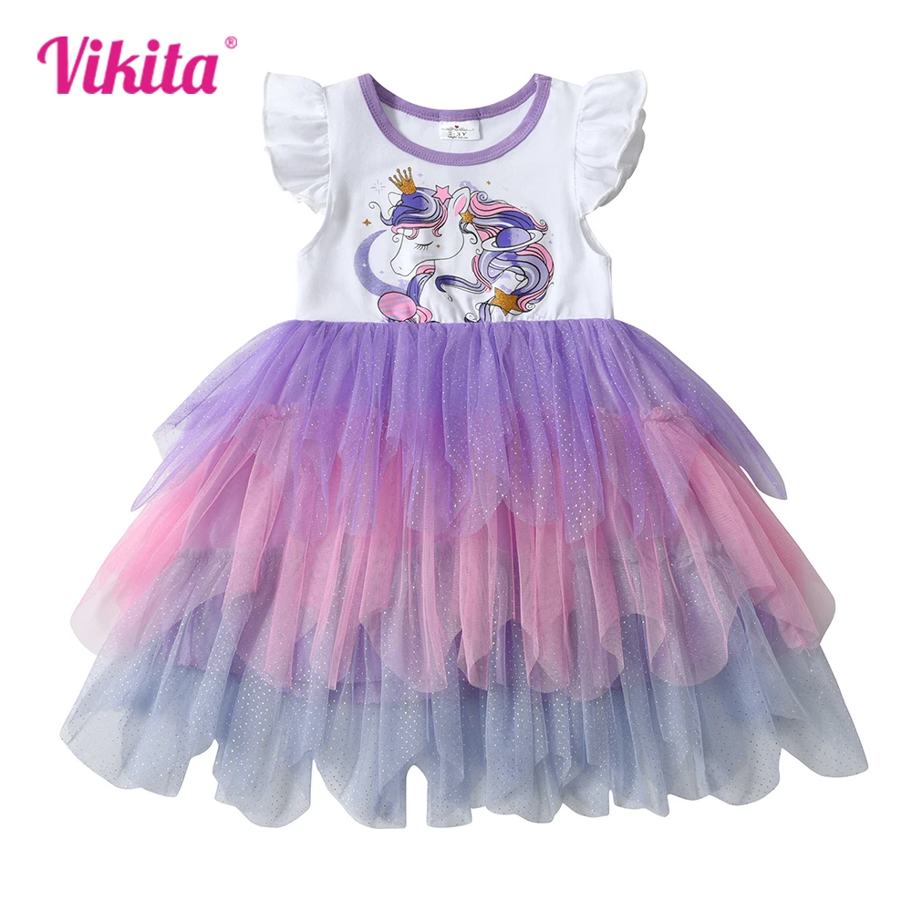 

VIKITA Girls Irregular Dress Kids Flare Sleeve Summer Dress Girls Unicorn Print Cartoon Dresses Kids Patchwork Princess Clothes