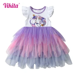 VIKITA Girls Irregular Dress Kids Flare Sleeve Summer Dress Girls Unicorn Print Cartoon Dresses Kids Patchwork Princess Clothes