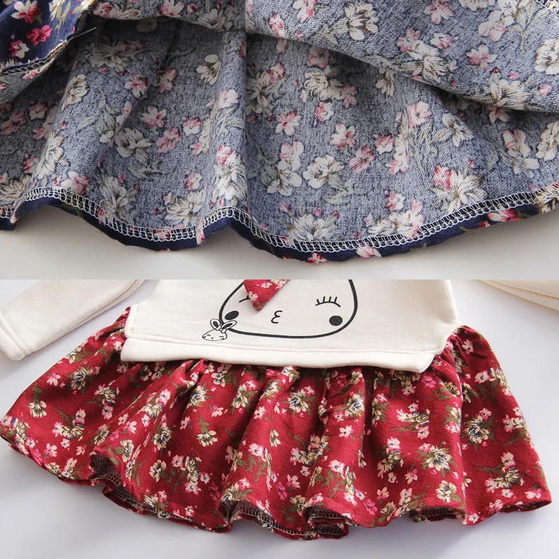 Kids Winter Print Dress for Toddler Girls 2 To 6 Year Casual Clothes Pullover Long Sleeve Beige Sweatshirt Splicing Floral Skirt