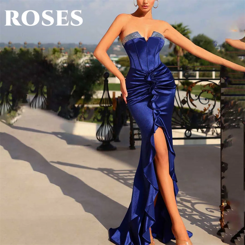 

ROSES Simple Blue Evening Dress V-Neck Sleeveless Mermaid Party Dress Vestido De Novia Sexy Split Prom Dress with Pleat Satin