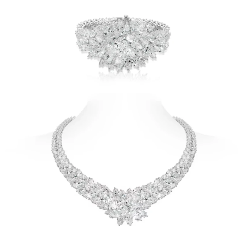 

BELLUX 925 Silver Synthetic Zircon White Full Diamond Luxury Shining Fashion Bracelet Necklace Banquet Wedding Jewelry Set