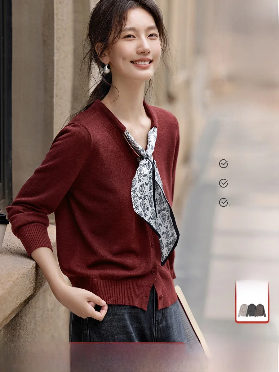 

Ele Knitted Open Cardigan Women's Red Versatile Slimming Wool Blend Scarf Design Autumn Winter Faion Casual Long Sve