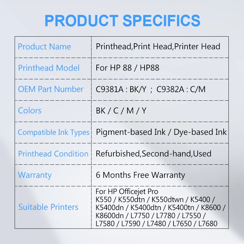 For HP 88 Printhead C9381A C9382A 88 Print Head For HP Officejet Pro K5400 K550 K8600 L7480 L7550 L7580 L7590 L7650 L7580 L7750