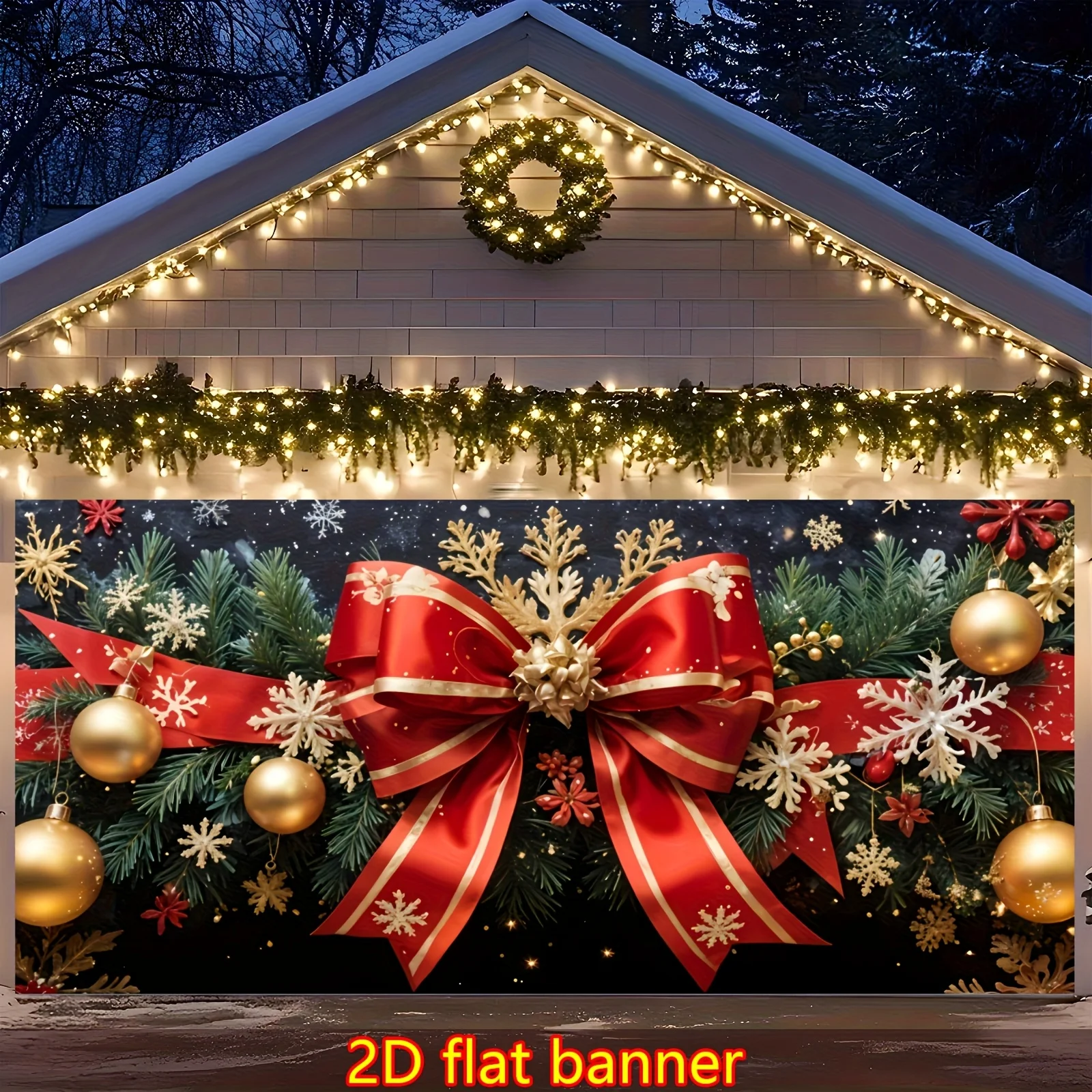 2D flat, Large Christmas Garage Background Banner, Red Bow Background Wall, Christmas Tree, Snowflakes, Christmas Balls Decorati