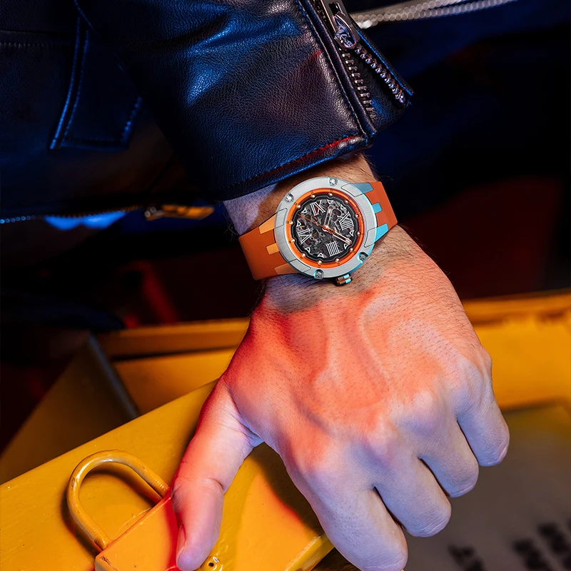 BONEST GATTI メンズ自動巻き時計 45 ミリメートル機械式腕時計サファイアガラス発光スケルトンダイヤルフッ素ゴムストラップ