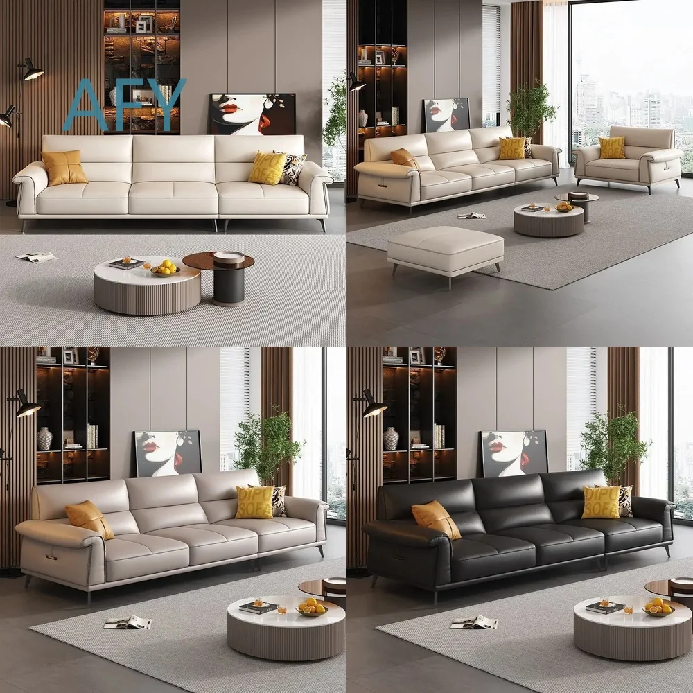 Minimalist Leather Sofa for Small Apartment Living Room Modern Simple First Layer Cowhide Straight Row Combination Sofa Set