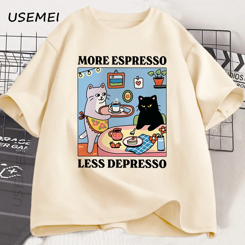 More Espresso Less Depresso Black Cat T-shirt Men Women Funny Coffee Cat T Shirt Casual Summer Cotton Short Sleeve Tshirt Tops