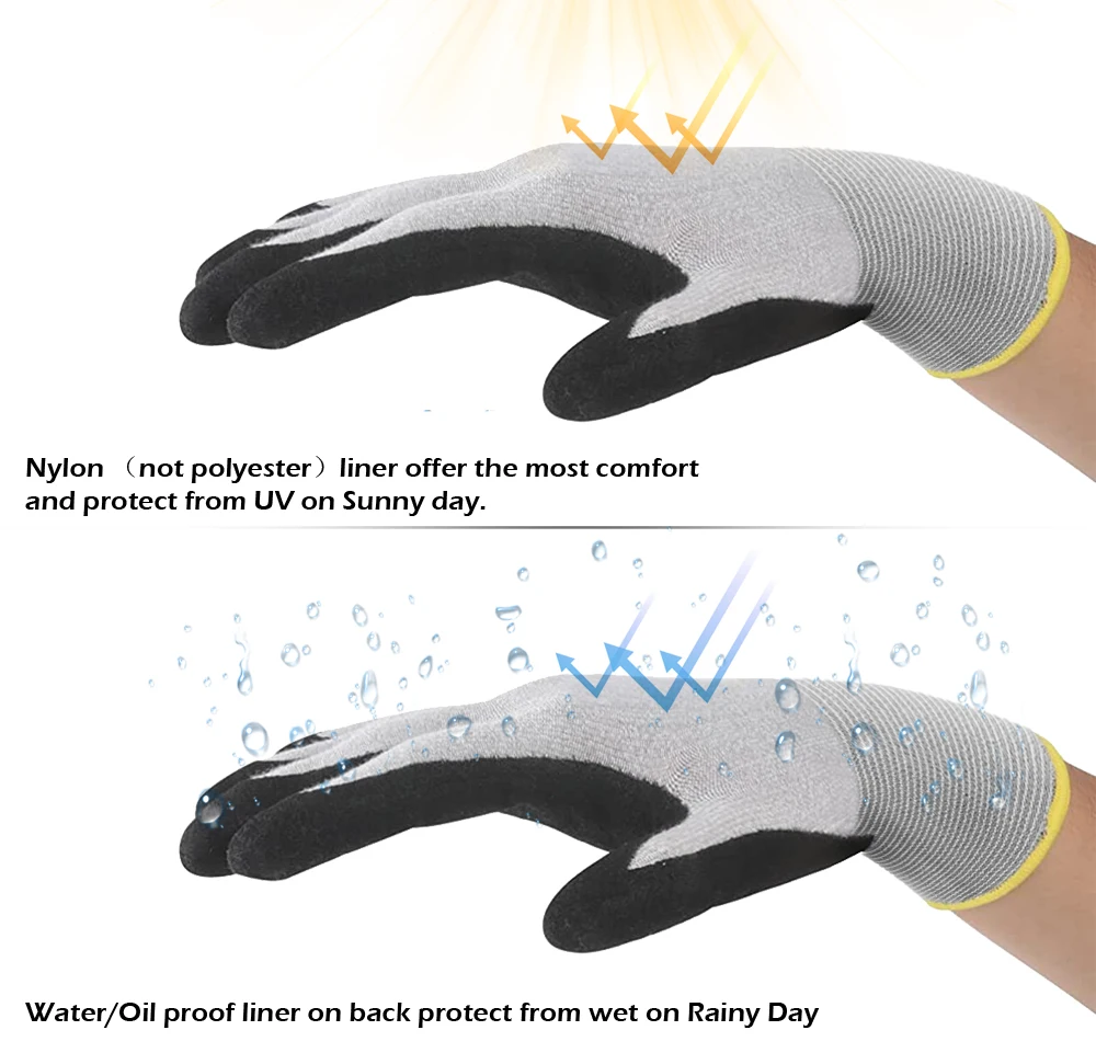 Work Glove Back water repellent not water proof Seamless 15G Nylon liner, Foam Nitrile Coated Gloves