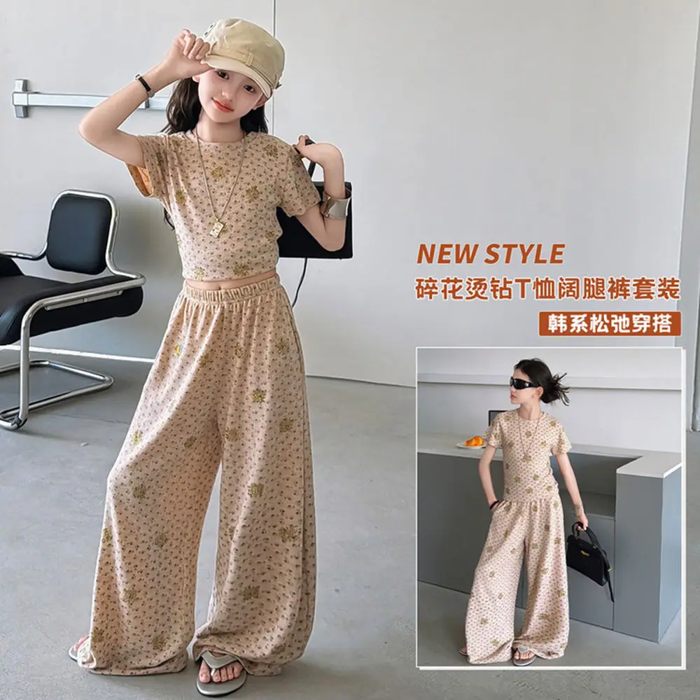 Clothing Sets Teens Girls Fashion Hot-Fix Rhinestone Short Sleeve Top + Wide Leg Pants 2Pcs Suits Korean Children's Outfits