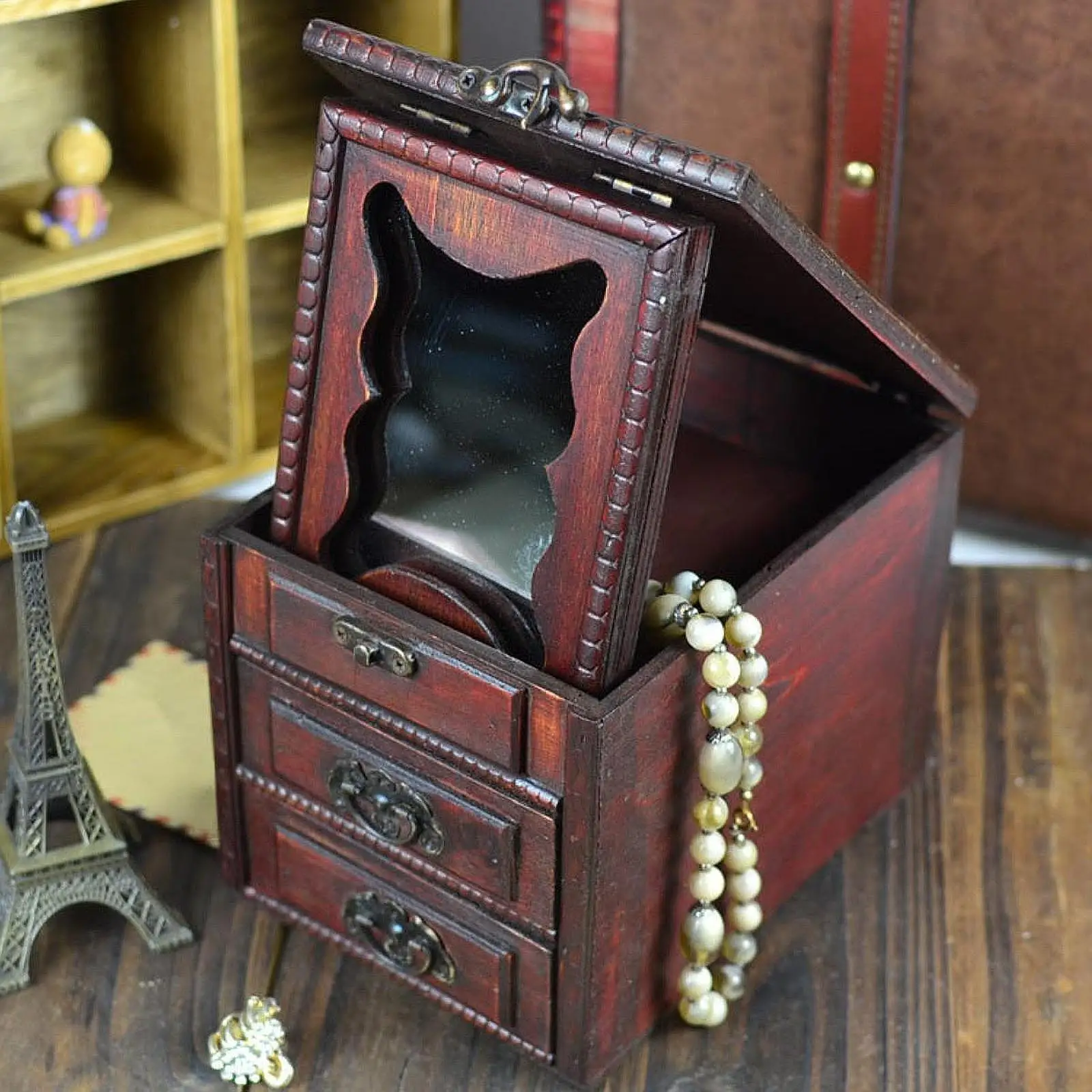 

1x Retro Wooden Jewelry Box Elegant Storage Case for Necklaces Rings Bracelets Vintage Pu Material Long Lasting Birthday Display