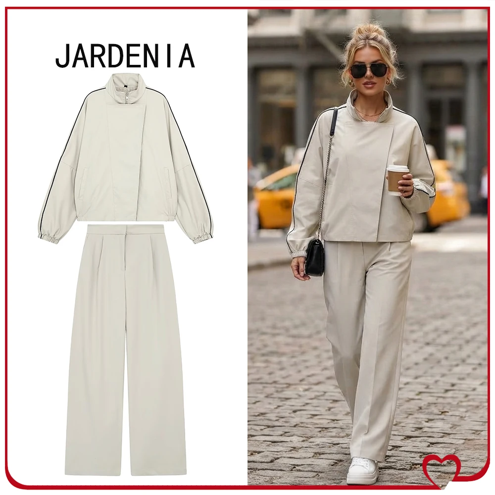 Women's Ecru Pant Sets Spring & Autumn 2 Piece Sets Stand-up Collar Piped Bomber Jacket Matching Mid-rise Straight-leg Trousers