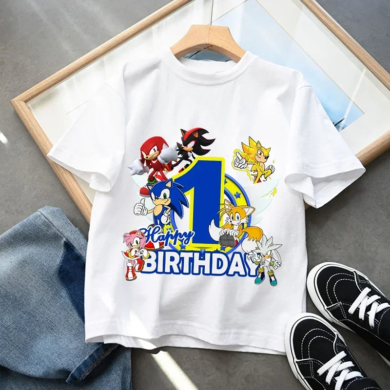 Sonics Number Printed Children's T-shirt Cotton Short Sleeve Boys Clothes Cute Cartoon Birthday Party Toddler Round Neck Shirts