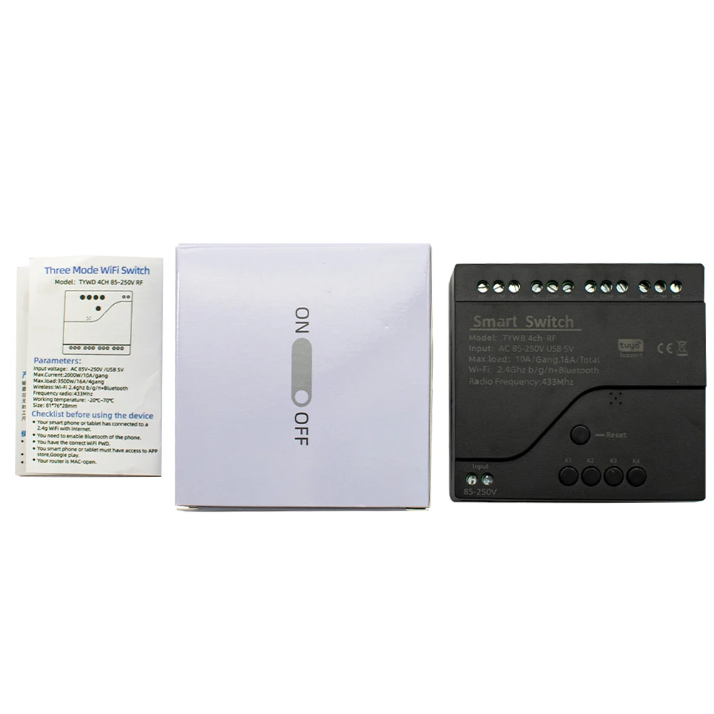 Релейный модуль 4CH Tuya для автоматизации умного дома, 85-250 В, 220 В, работает с приложением Tuya, Wi-Fi, голосовым управлением и функцией радиоуправления 433