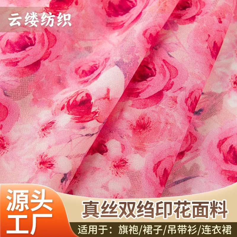Full-bottom rose dress cinched-waist long printed fabric banquet silk double crepe