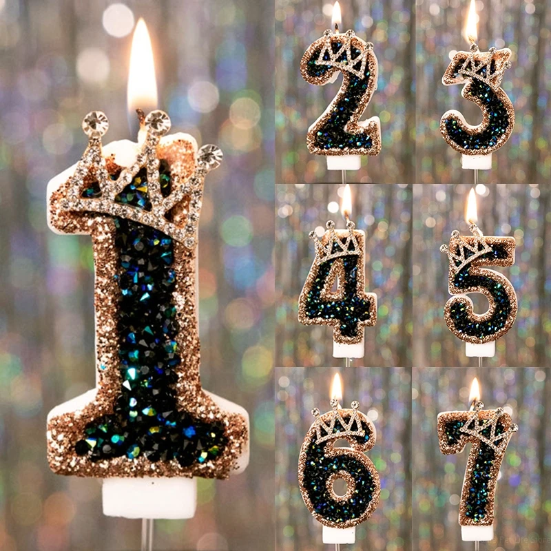 3D Birthday Candle with Diamonds & Crown 0-9 Number Cake Candles Cake Topper Decorations for Birthday Anniversary Party Supplies