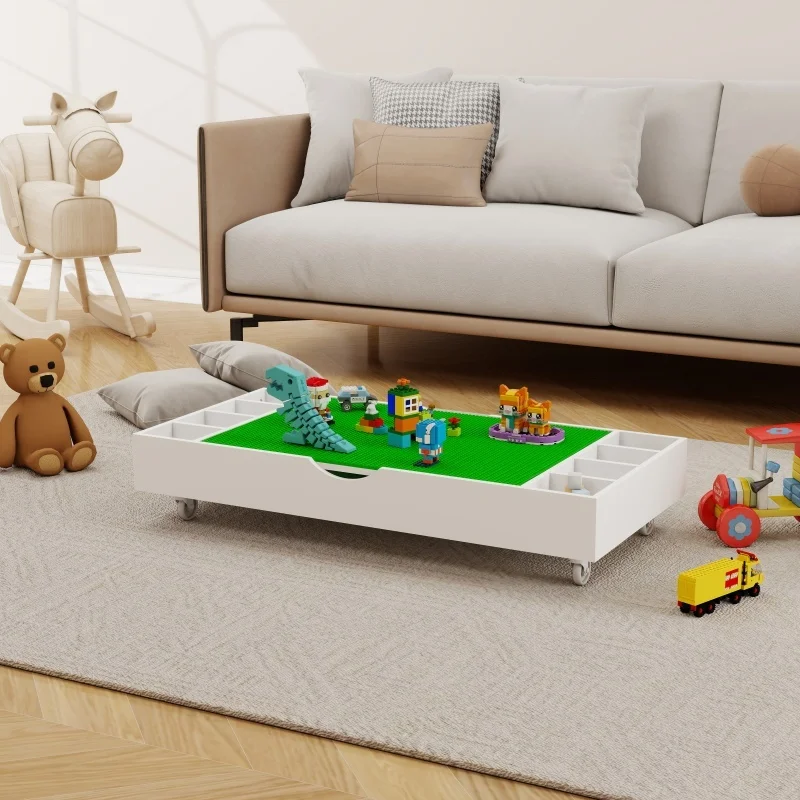 

The 2 In 1 Rollaway Play Table And Toy Organizer Compatible With Lego Suitable For Storing Under Bed Or Sofa-White 38" 18.7"