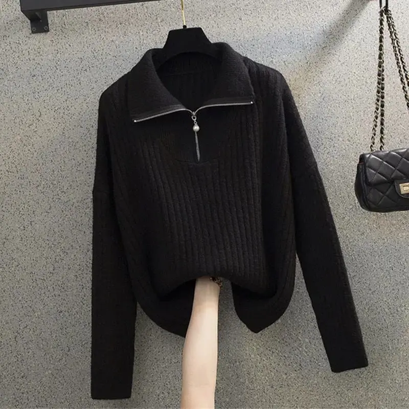 Women Half Turtleneck Zipper Sweater Korean Fashion Solid Colors Knitted Pullover Loose Basic Knitwear Long Sleeve Top Casual