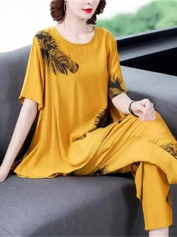 Fashionable Midlife Mom Summer Outfit Short Sleeve Harlan Pants Slimming Two-Piece Set Korean Style Loose Fit High Waist Long...