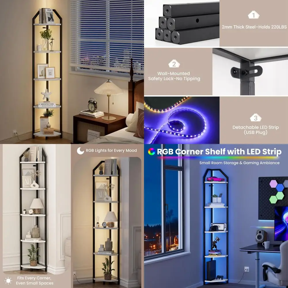 

70 Inch LED-lit 5-Tier Bookshelf for Small Spaces, Wood and Metal Storage Rack, Ideal for Bedroom, Living Room, and Office - Mod