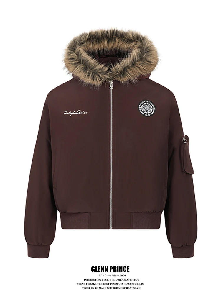 

Зимняя рабочая куртка GPstudio в американском ретро-стиле с вышивкой, утепленная, с капюшоном, для мужчин, хлопковая, с меховым воротником